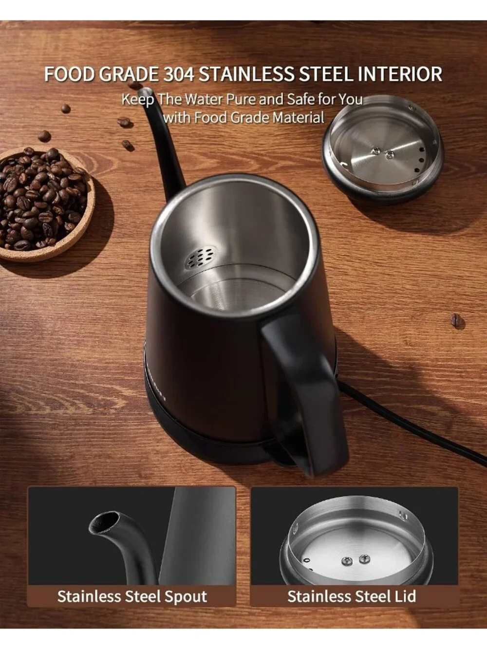 1.0L Matte Black Gooseneck Electric Kitchen Kettles Stainless Steel BPA Free